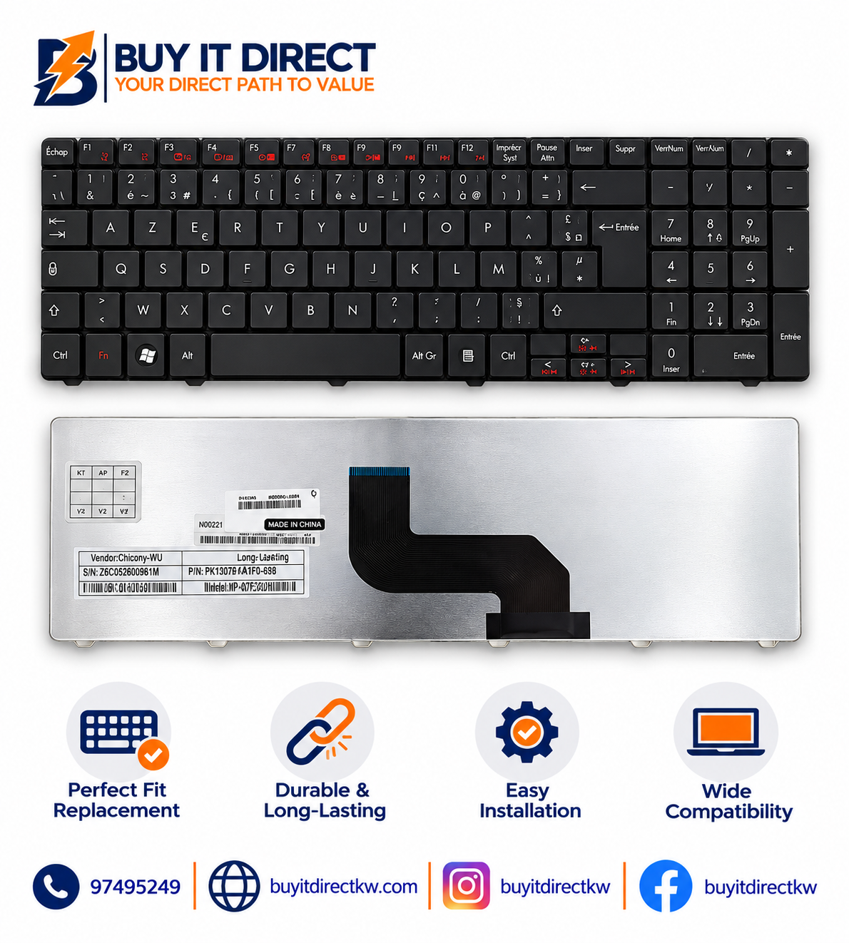 لوحة مفاتيح لابتوب ACER Packard Bell متوافقة مع سلسلة TJ61 وTJ62 وTJ65 وTJ67
