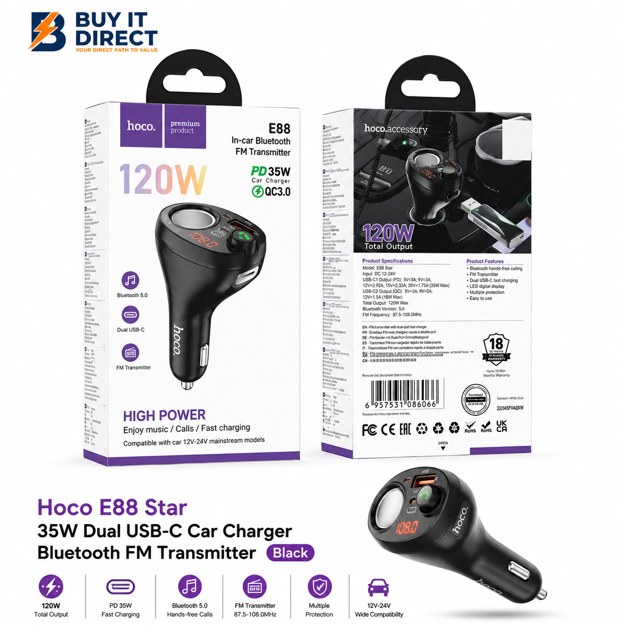 Hoco E88 Star 35W Dual USB C Car Charger Bluetooth FM Transmitter Black