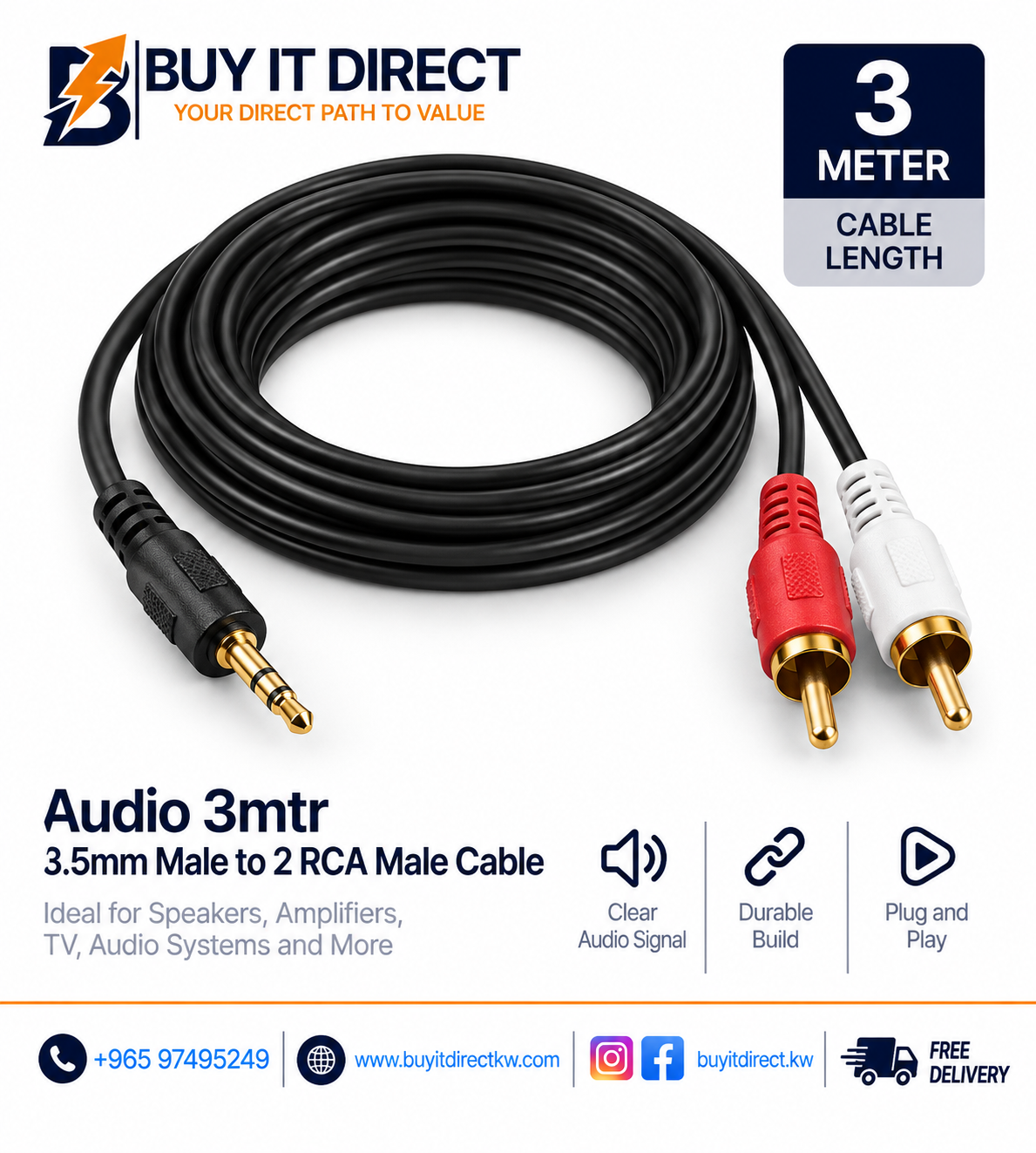 كابل صوت 3.5 مم ذكر إلى 2 RCA ذكر 3 متر