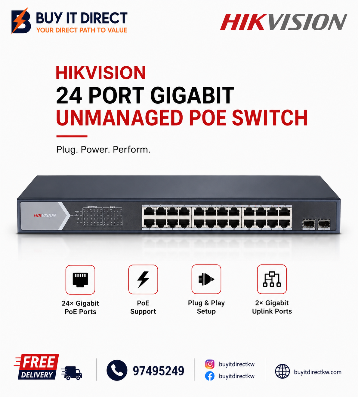 سويتش شبكة Hikvision 24 منفذ Gigabit PoE غير مُدار