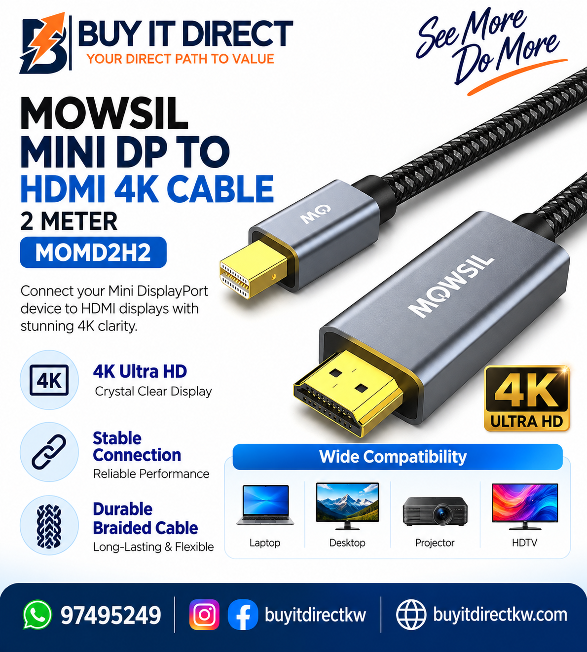 MOWSIL Mini DP to HDMI 4K Cable 2M MOMD2H2