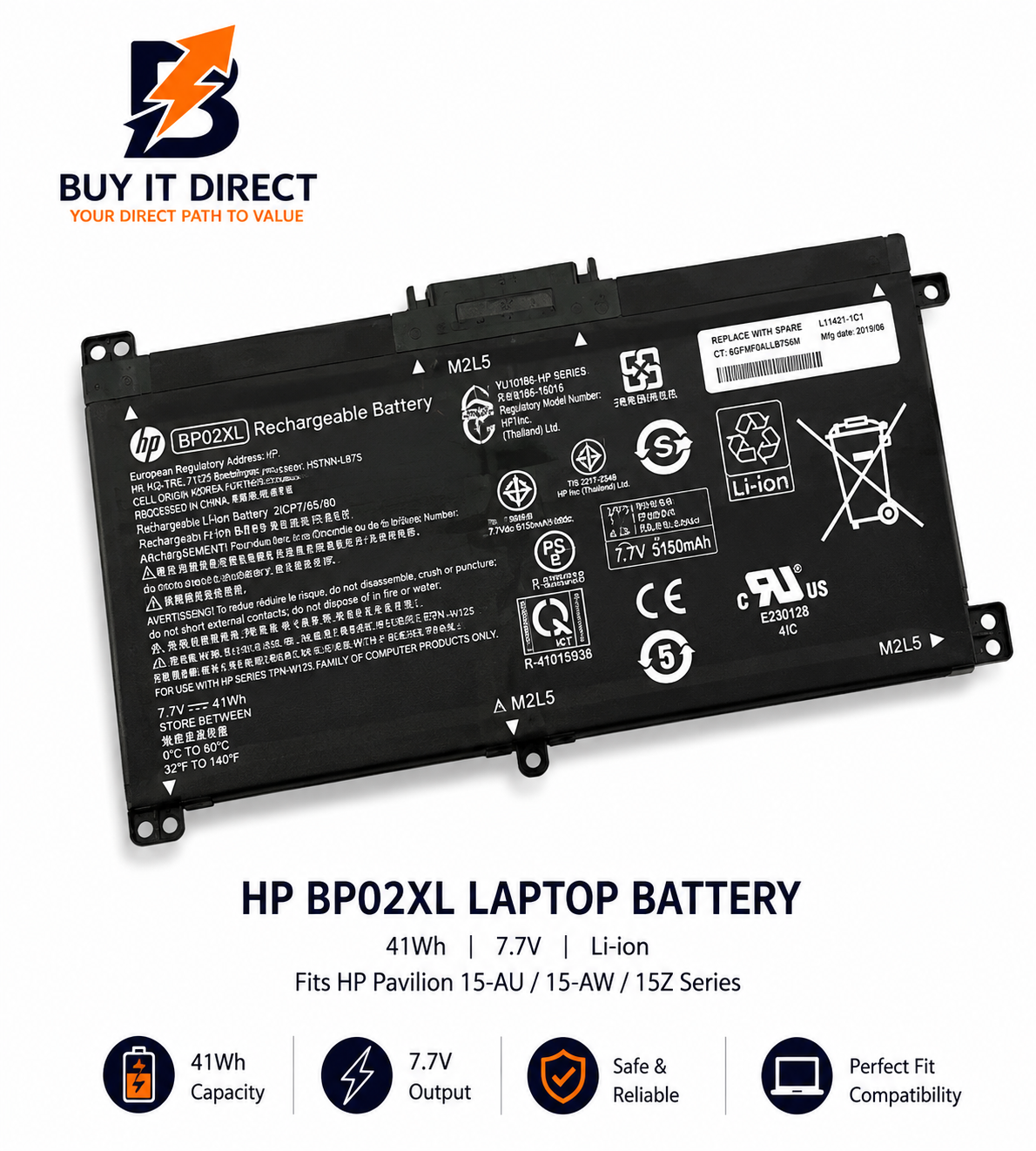 بطارية لابتوب اتش بي BP02XL بسعة 41 واط ساعة متوافقة مع سلسلة HP Pavilion 15 AU و15 AW و15Z