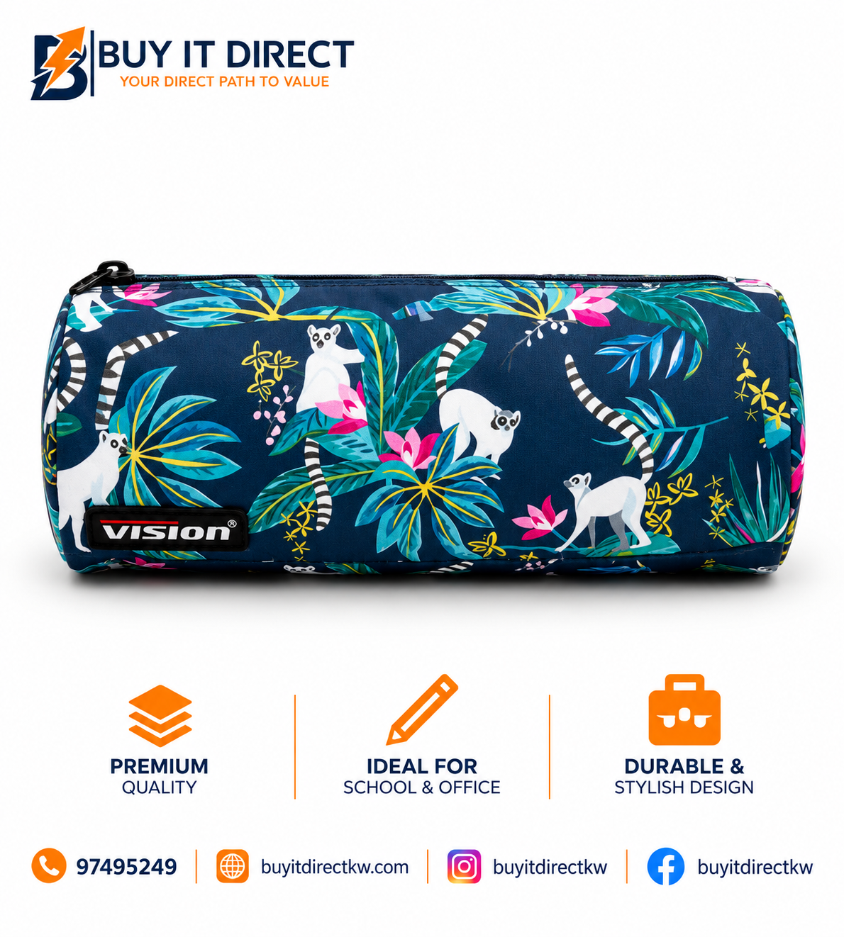 Pencil Case Navy Lemur Print