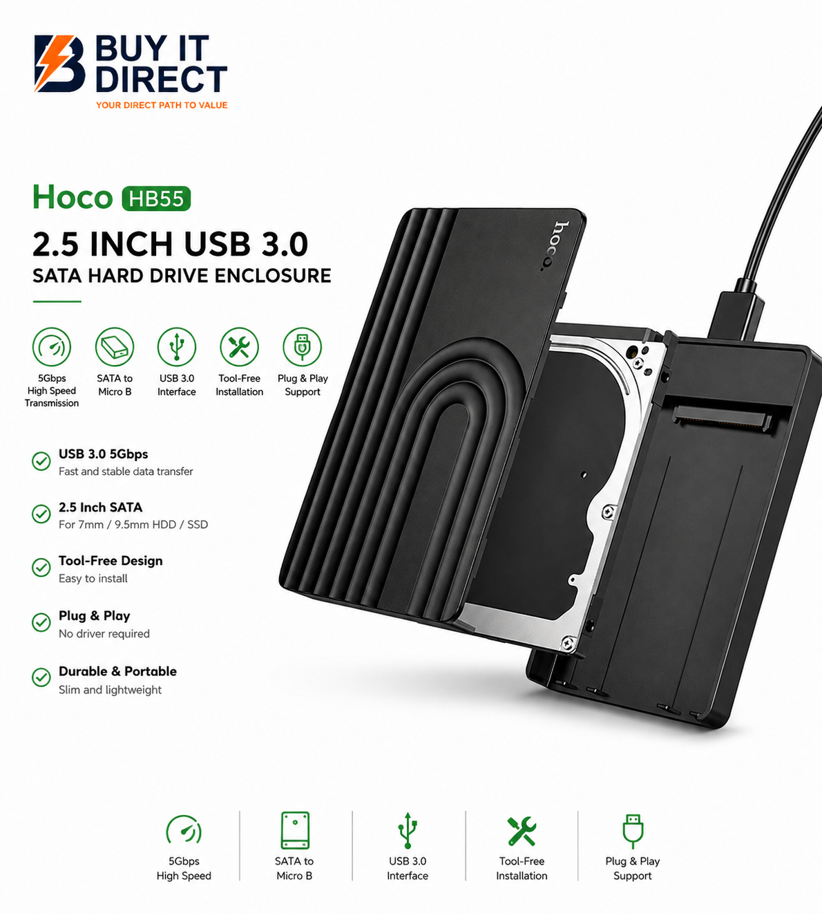 حافظة هارد ديسك Hoco HB55 USB 3.0 مقاس 2.5 بوصة SATA أسود