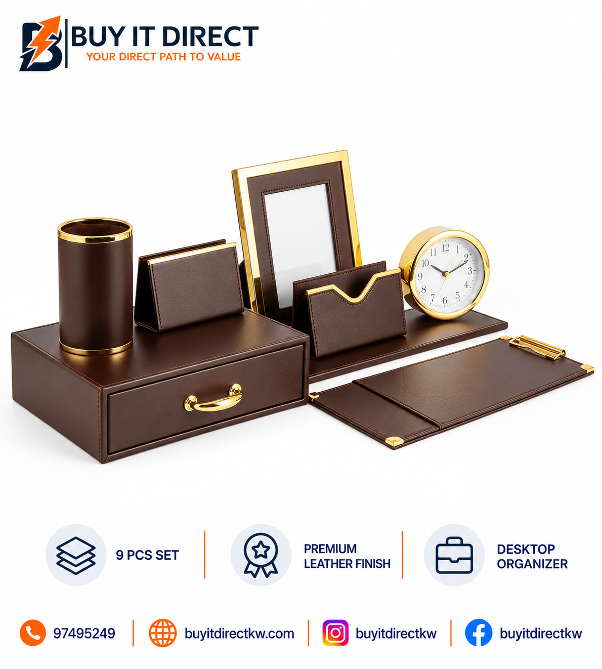 Dark Brown Leather Desktop Set 9 Pcs