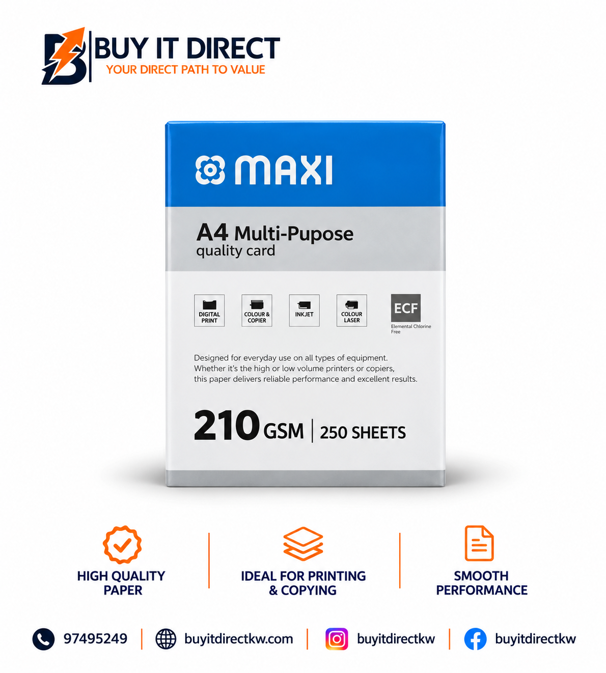 A4 Multi Purpose Paper 210 GSM 250 Sheets