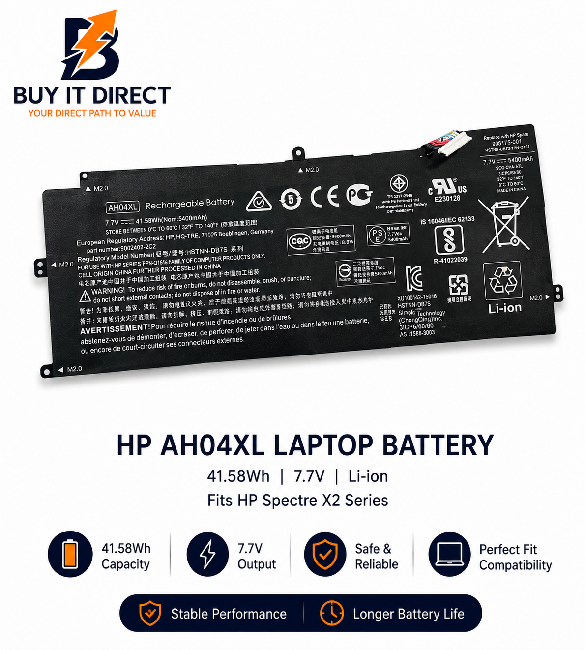 HP AH04XL Laptop Battery 41.6Wh Fits HP Spectre X2 Series