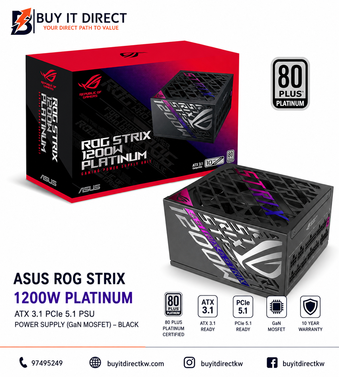 مزود طاقة اسوس ROG Strix بقدرة 1200 واط Platinum ATX 3.1 PCIe 5.1 بتقنية GaN MOSFET