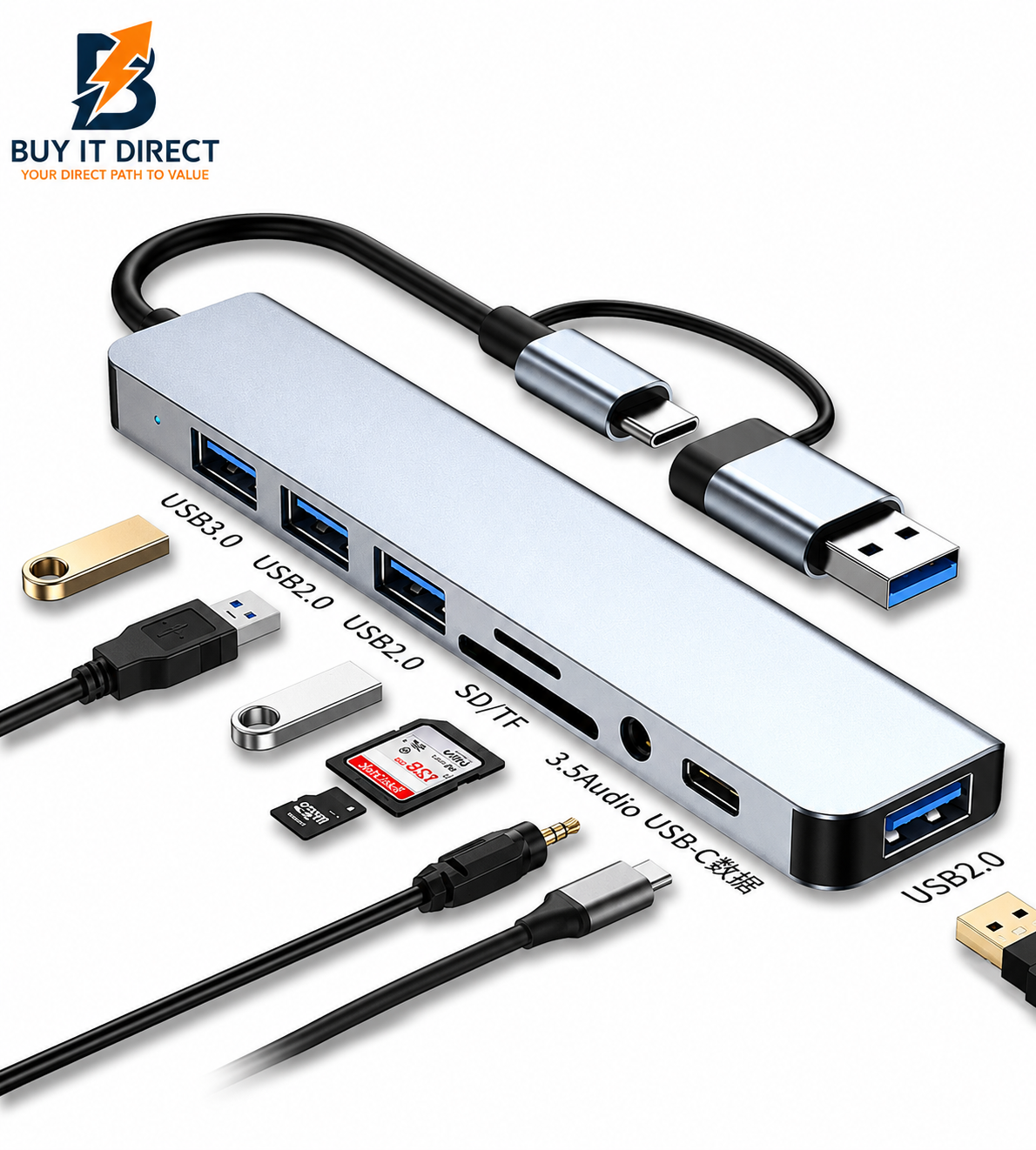 USB C USB A 3.0 8 in 1 Hub Card Reader Aluminum Shell Adapter