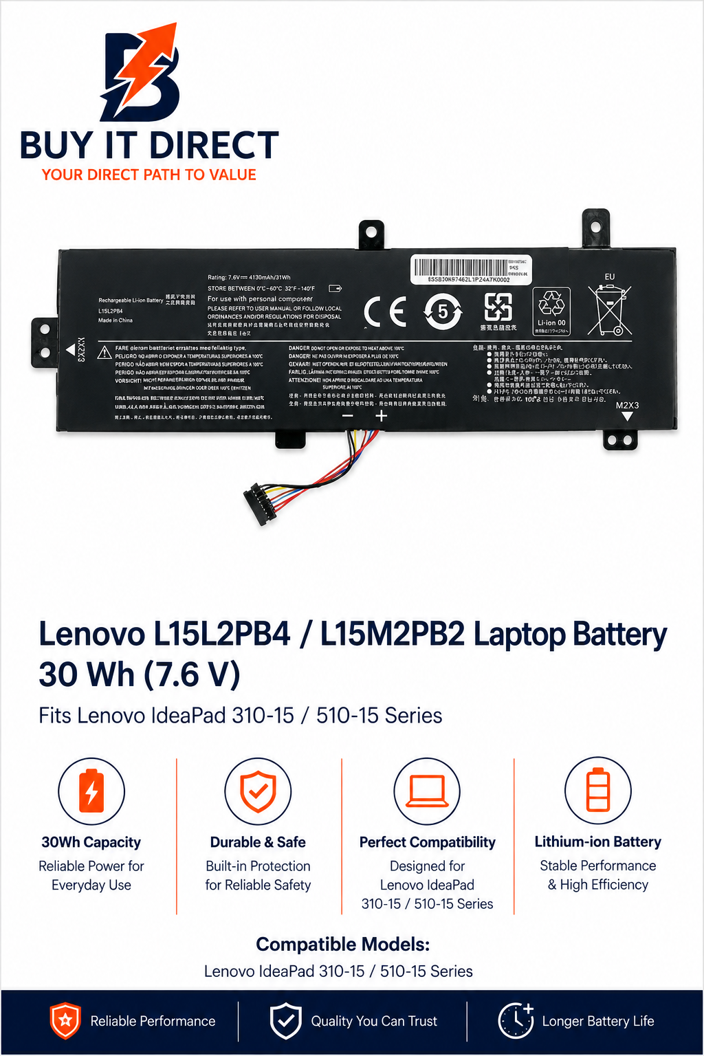 بطارية لابتوب Lenovo L15L2PB4 بسعة 30Wh لأجهزة IdeaPad 310 15 و 510 15