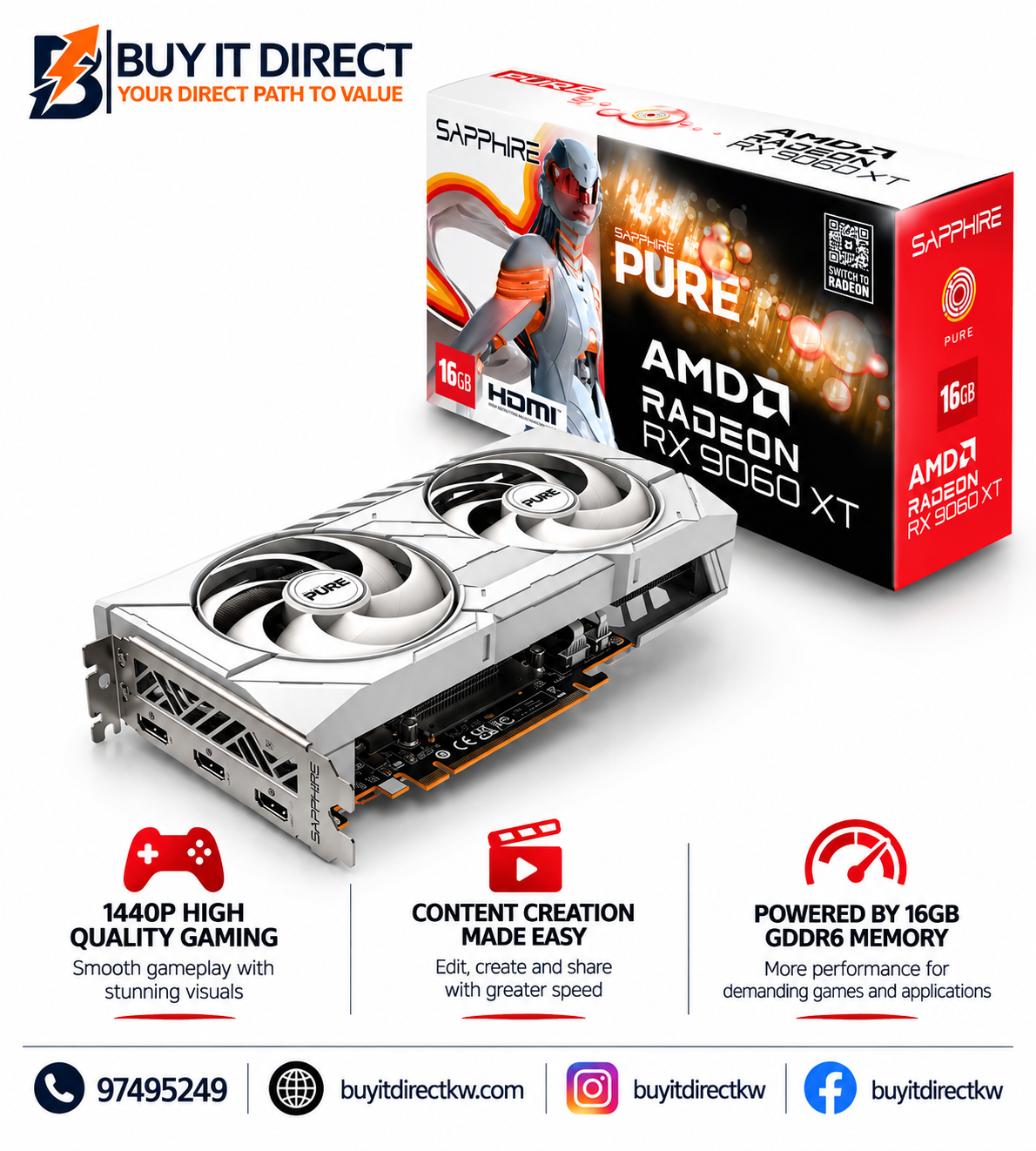 بطاقة رسومات سافاير بيور AMD Radeon RX 9060 XT بسعة 16 جيجابايت GDDR6 إصدار OC