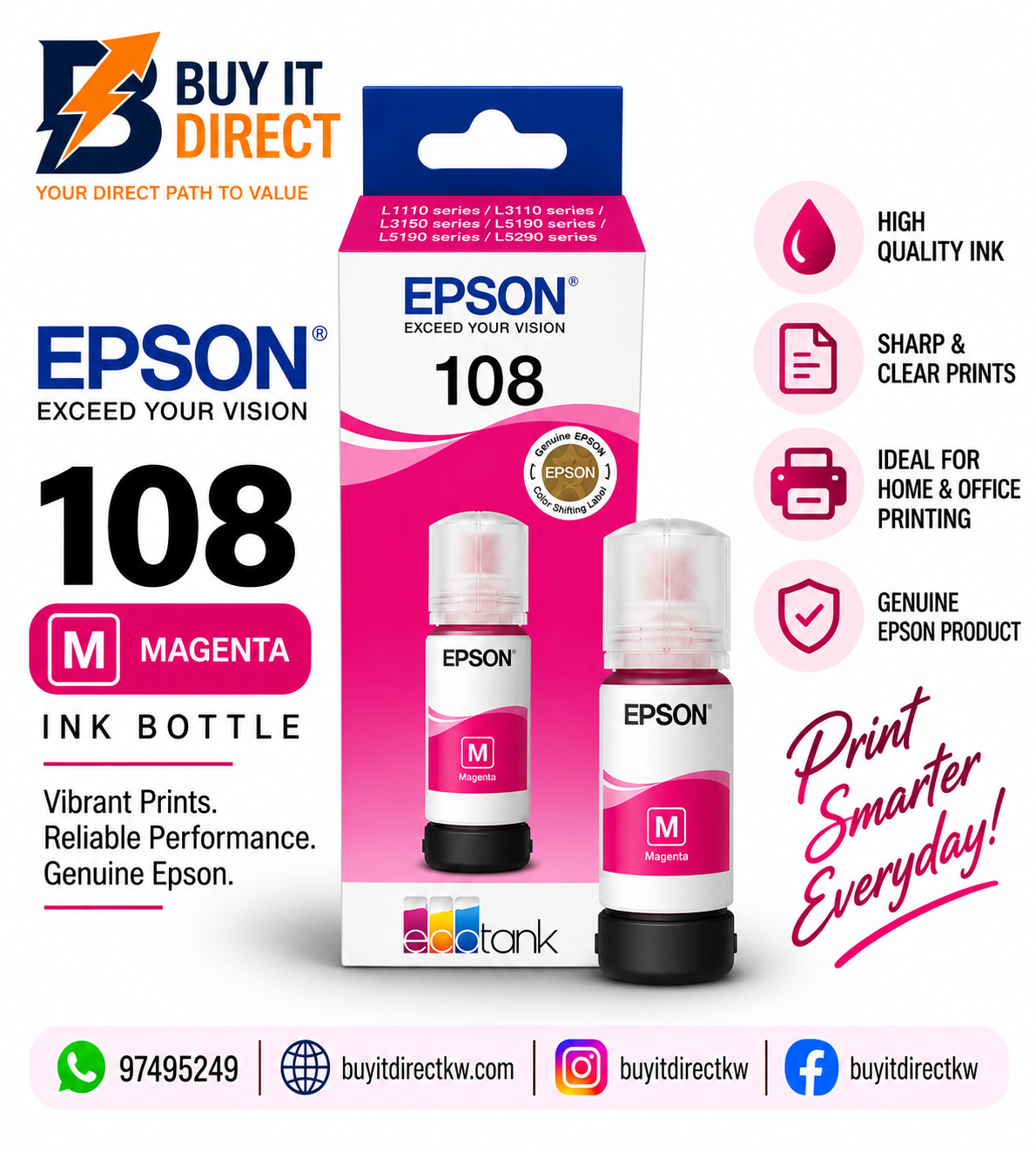Epson 108 EcoTank Magenta Original Ink Bottle 70 ml – C13T09C34A