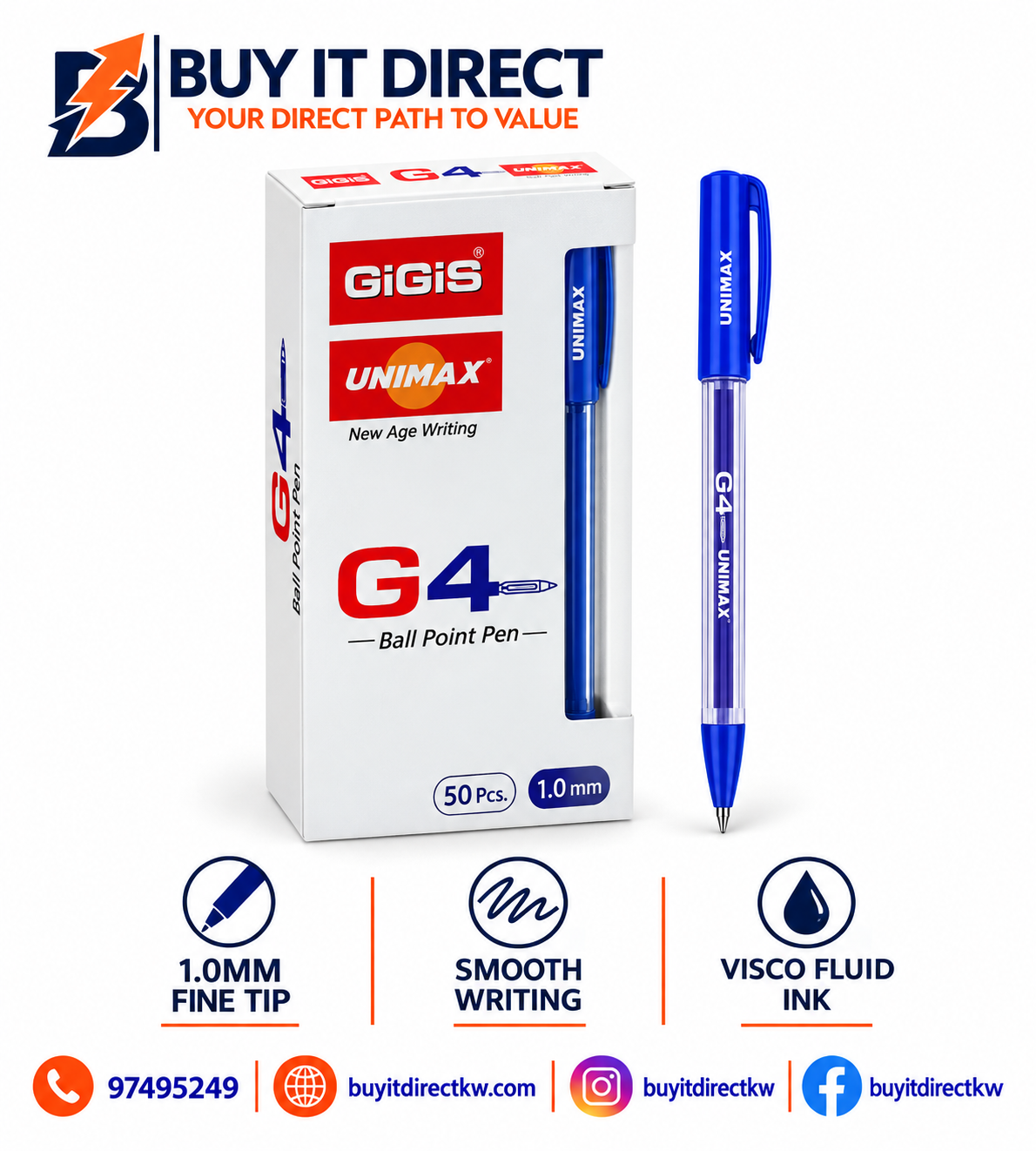 أقلام حبر جاف GIGIS Unimax G4 زرقاء 50 قطعة 1.0 مم