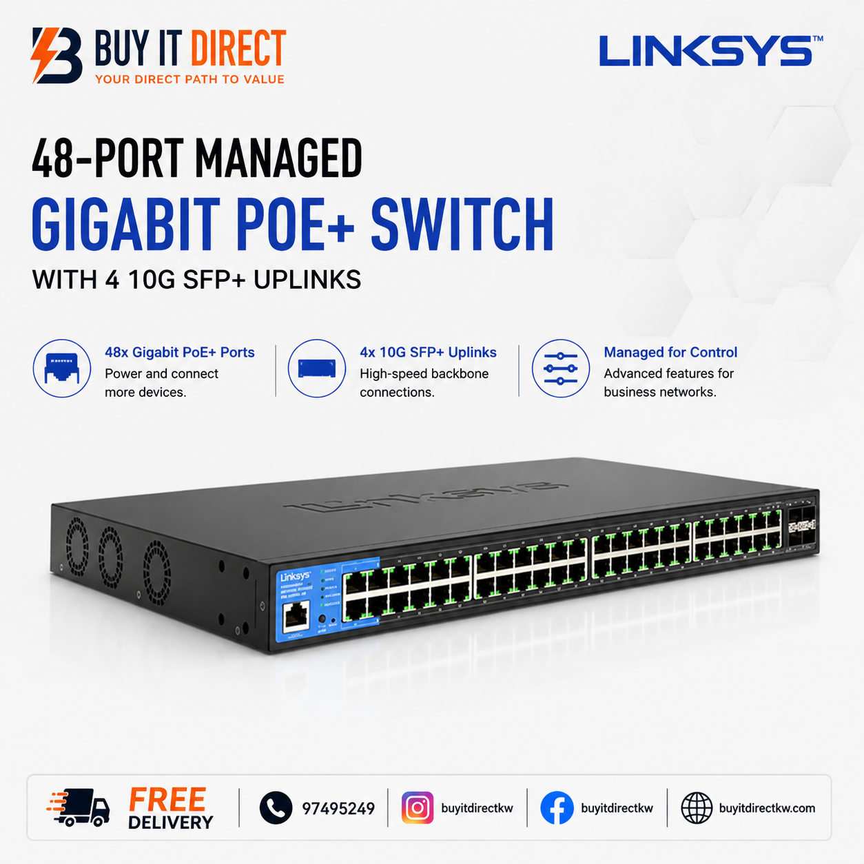 Linksys LGS352MPC 48 Port Managed Gigabit PoE Plus Switch with 4 10G SFP Plus Uplinks