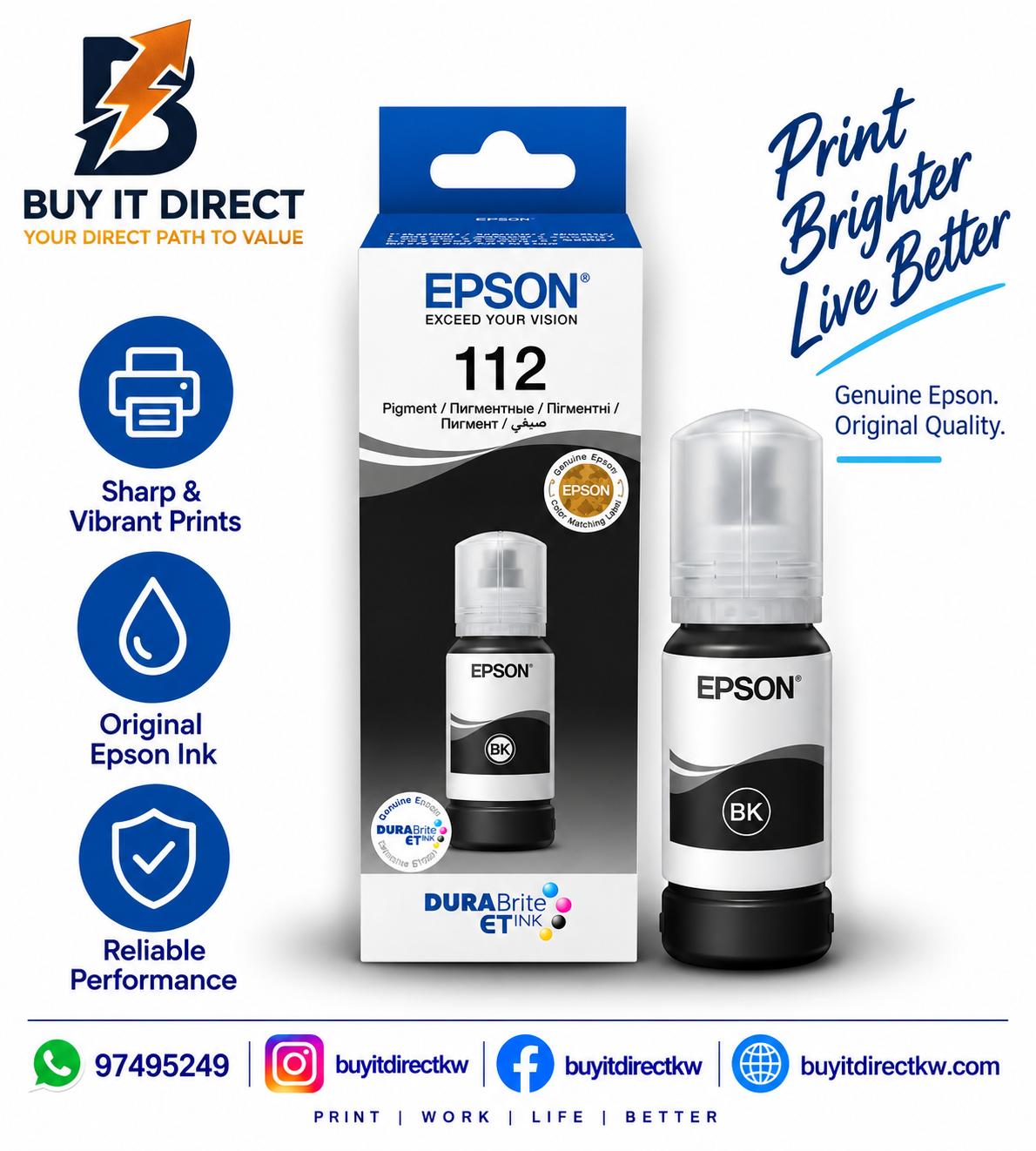 زجاجة حبر Epson 112 EcoTank الأصلية باللون الأسود الصبغي – C13T06C14A