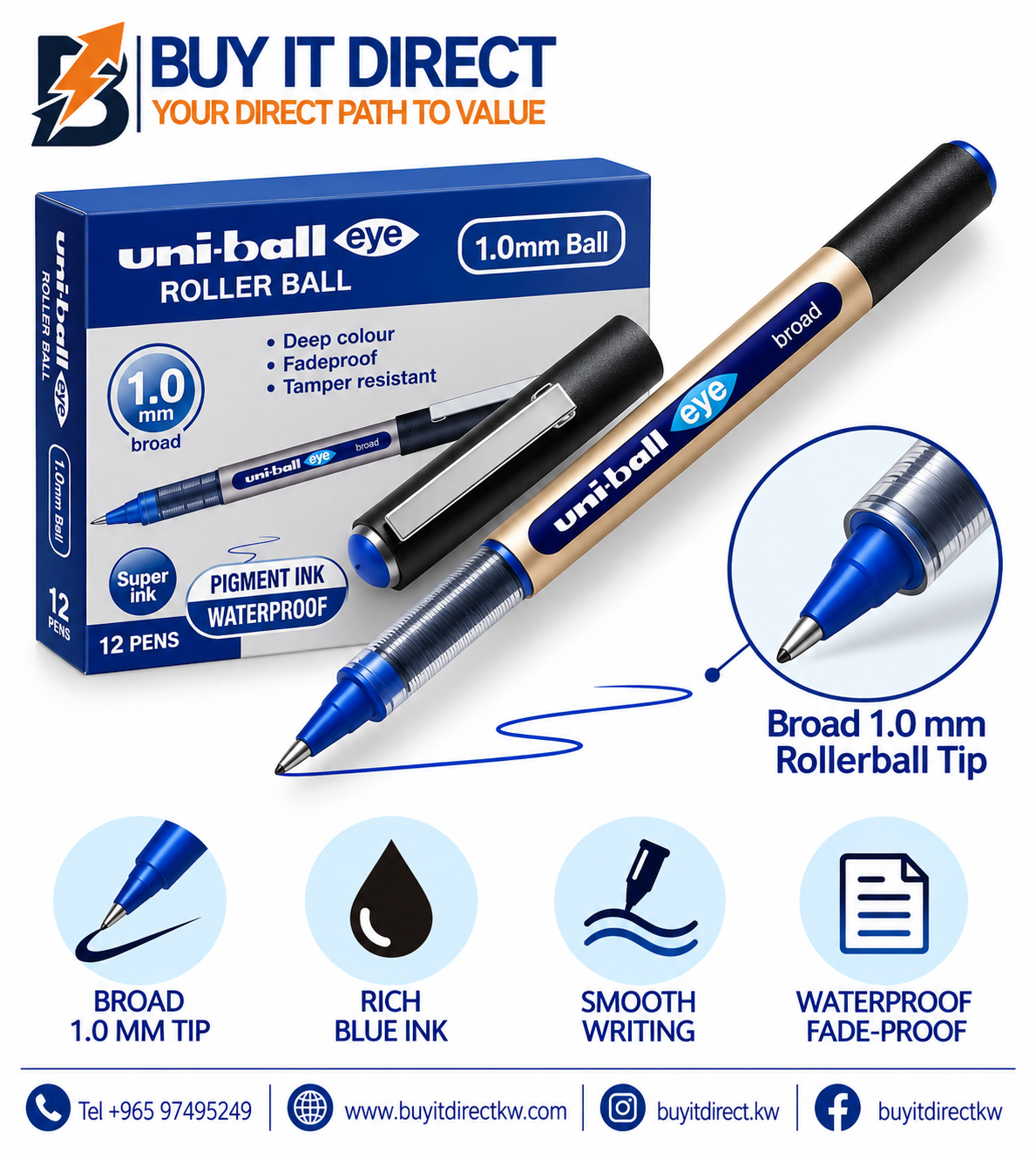 uni-ball Rollerball Pen 1.0 mm Broad Blue - Pack of 12