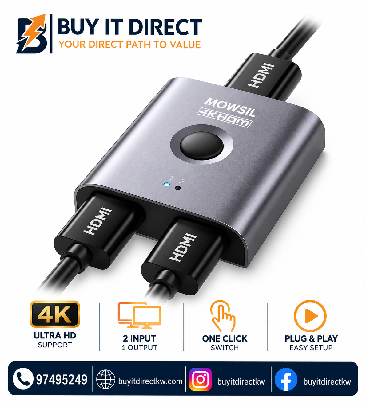 MOWSIL HDMI Switch 2 In 1 Out 4K 60Hz Bi-Directional HDMI Splitter with Cable