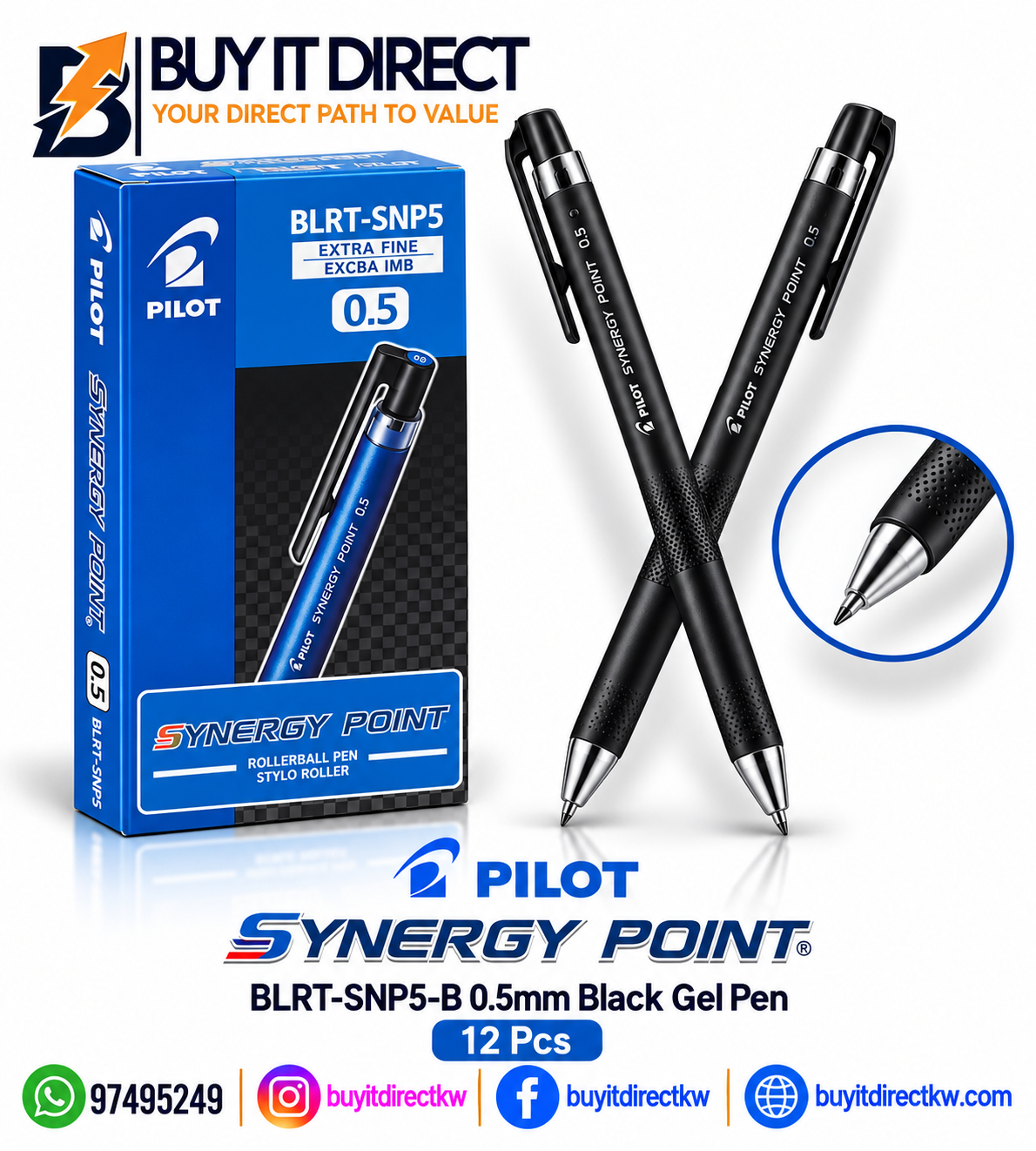 أقلام Pilot Synergy Point BLRT-SNP5-B بحبر جل أسود 0.5 مم – 12 قطعة
