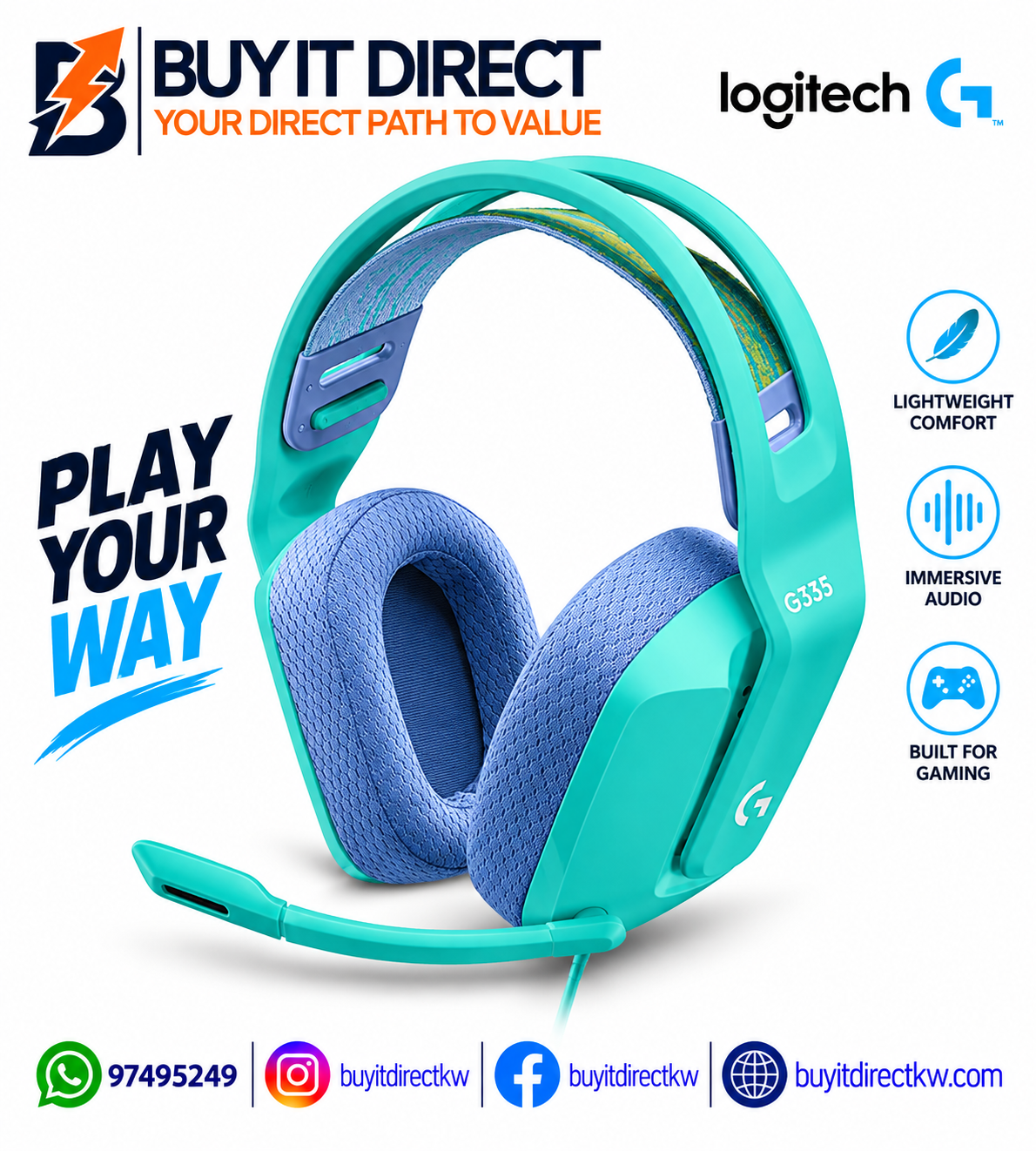 Logitech G335 Wired Gaming Headset – Mint – 3.5mm, Flip-to-Mute Microphone