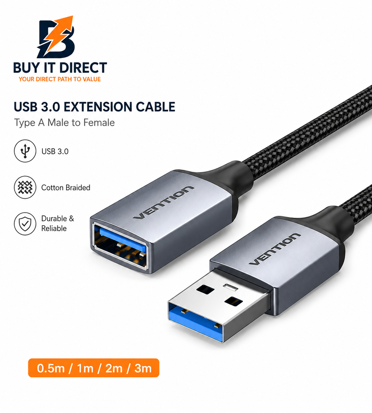 كابل تمديد USB 3.0 Type A ذكر الى انثى مضفر بالقطن بطول 3 متر رمادي من سبائك الالمنيوم