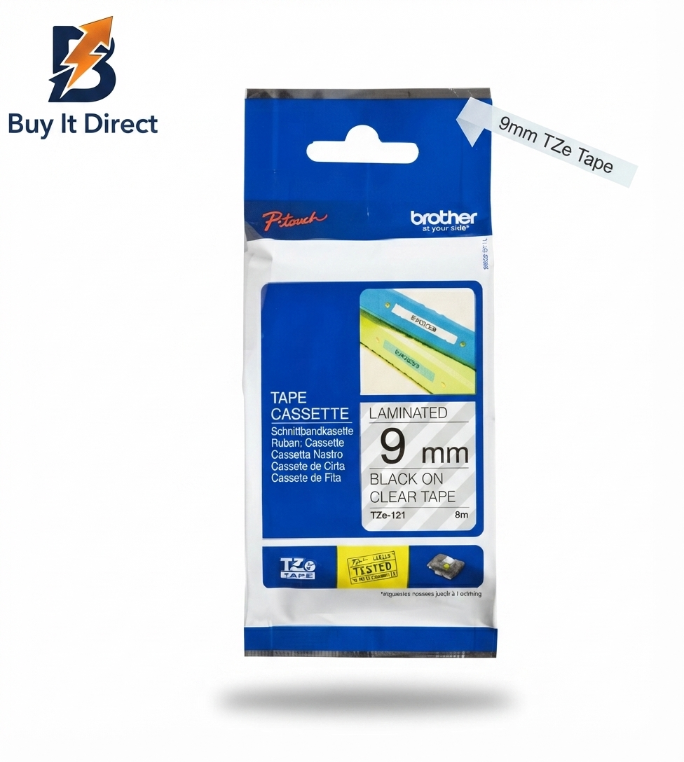 Brother Genuine TZe 121 Labelling Tape Cassette Black on Clear 9mm 8m