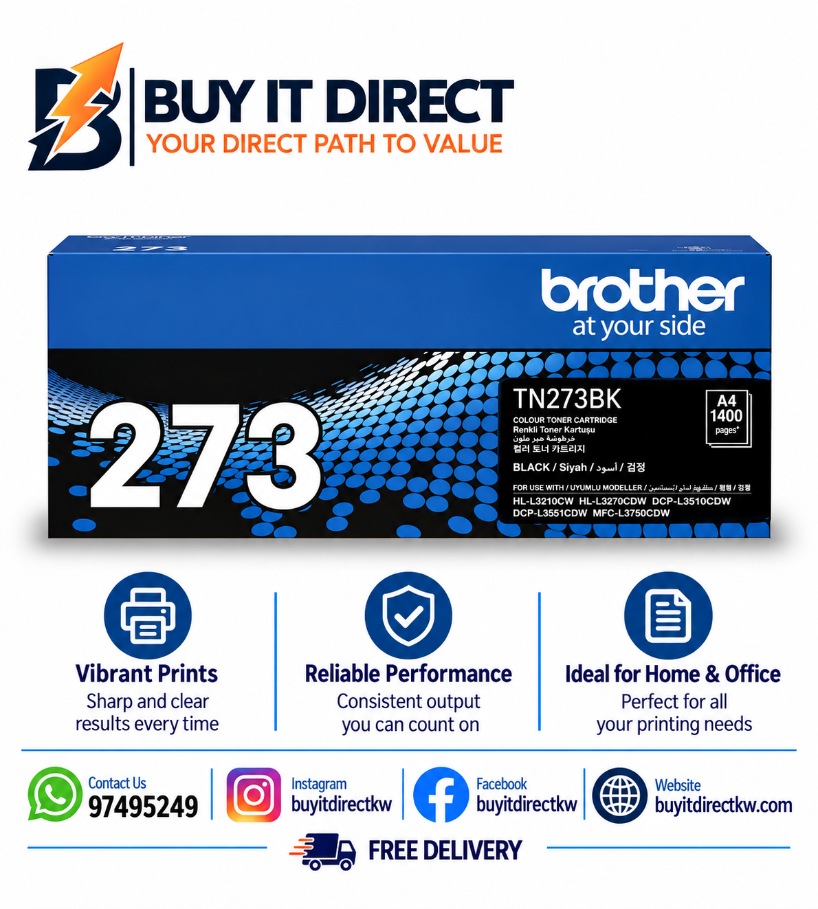 Brother Genuine TN273BK Standard Yield Black Toner Cartridge 1400 Pages