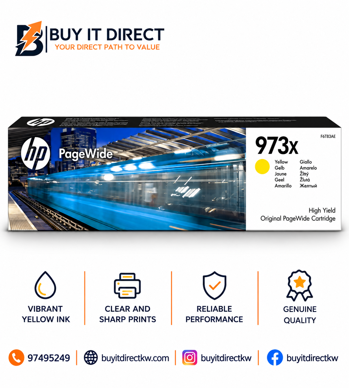 خرطوشة حبر HP 973X أصلية صفراء عالية الإنتاجية لطابعات PageWide