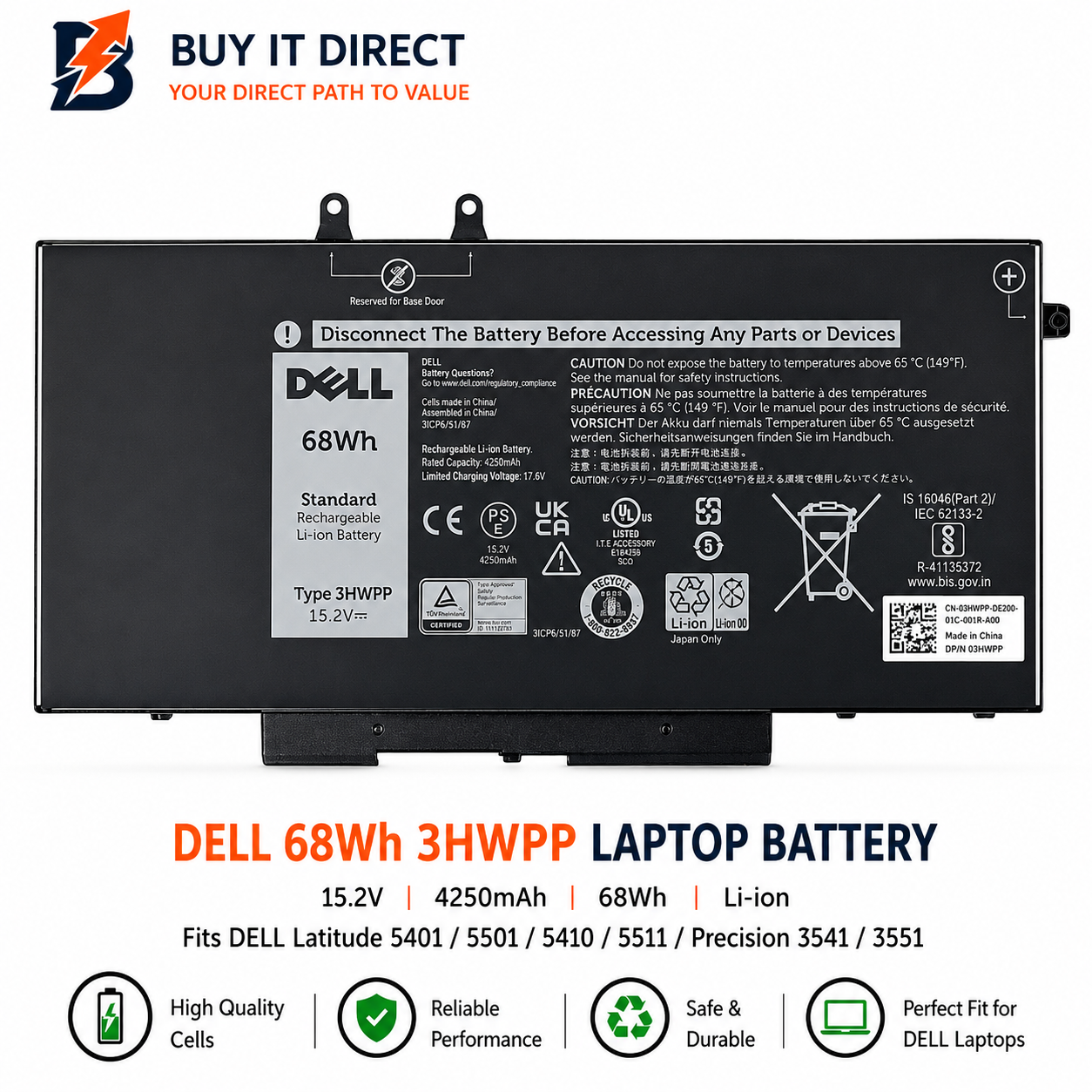 DELL 3HWPP Laptop Battery 68Wh Fits Latitude 5401 5501 5410 5511 Precision 3541 3551