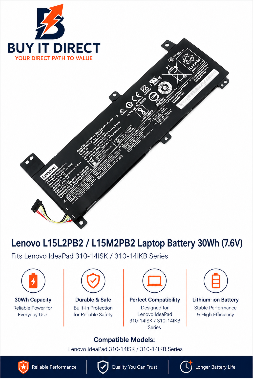 بطارية لابتوب Lenovo L15L2PB2 بسعة 30Wh لأجهزة IdeaPad 310 14ISK و 310 14IKB