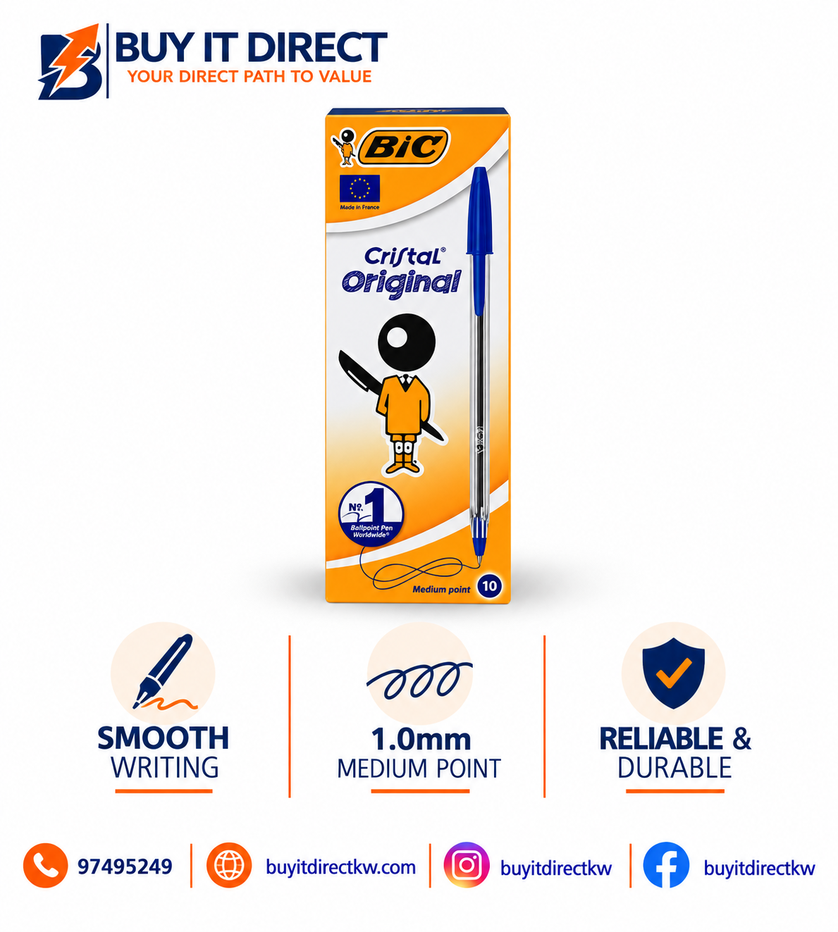 BIC Cristal Original Ballpoint Pens Medium Point Pack of 10