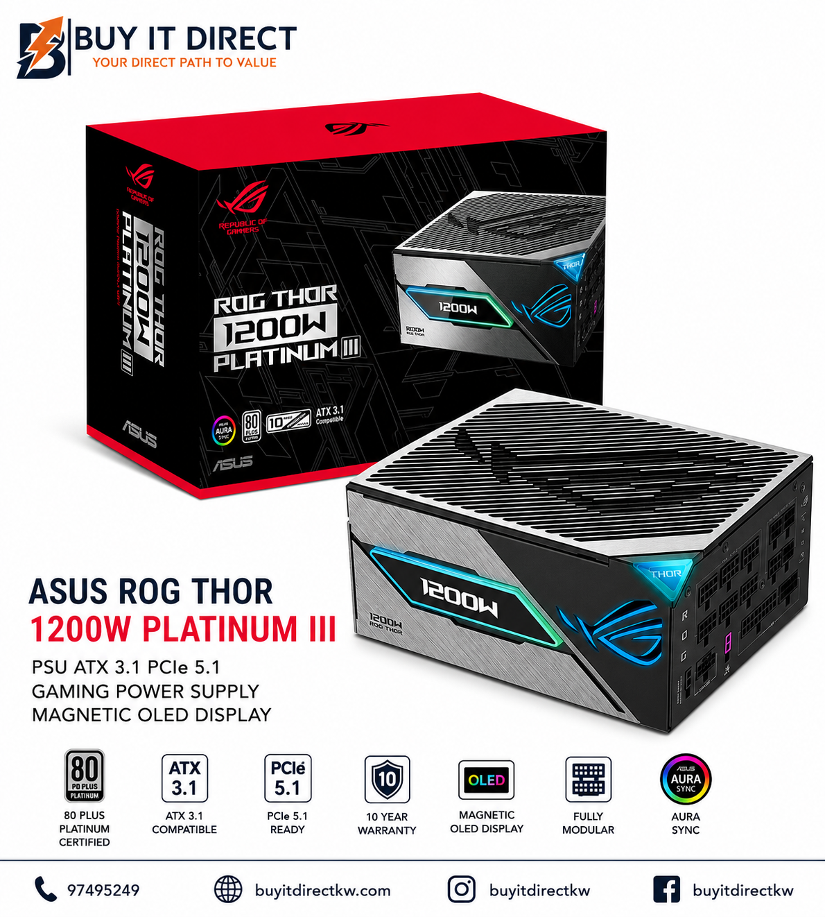 ASUS ROG Thor 1200W Platinum III PSU ATX 3.1 PCIe 5.1 Gaming Power Supply, Magnetic OLED Display