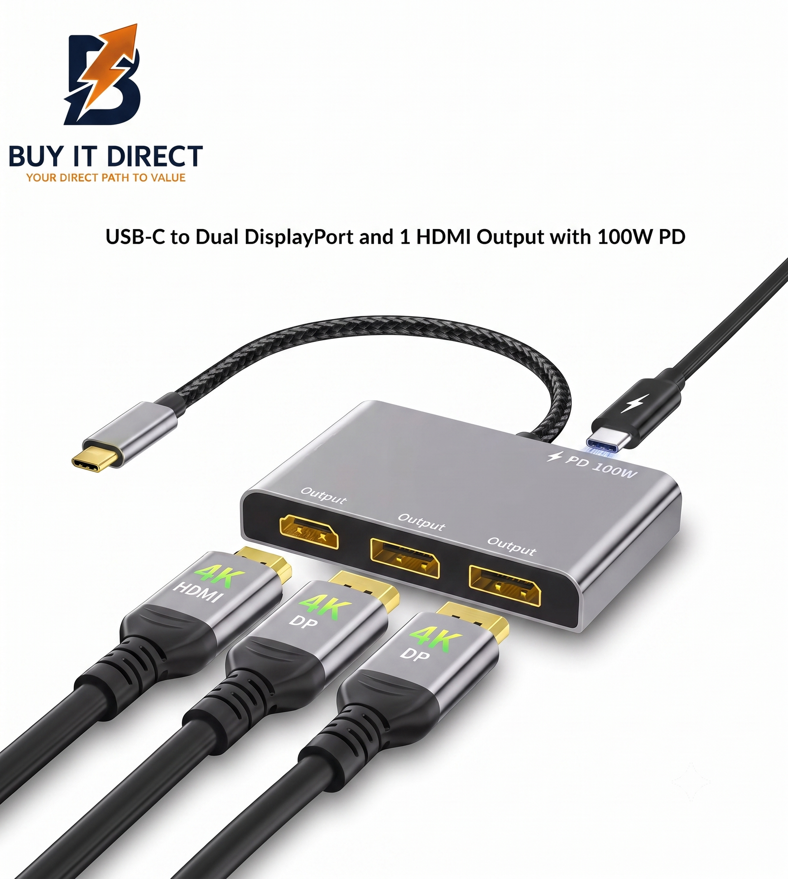 USB C to 3 Port Hub Dual DisplayPort HDMI 4K 60Hz 100W PD Splitter Adapter