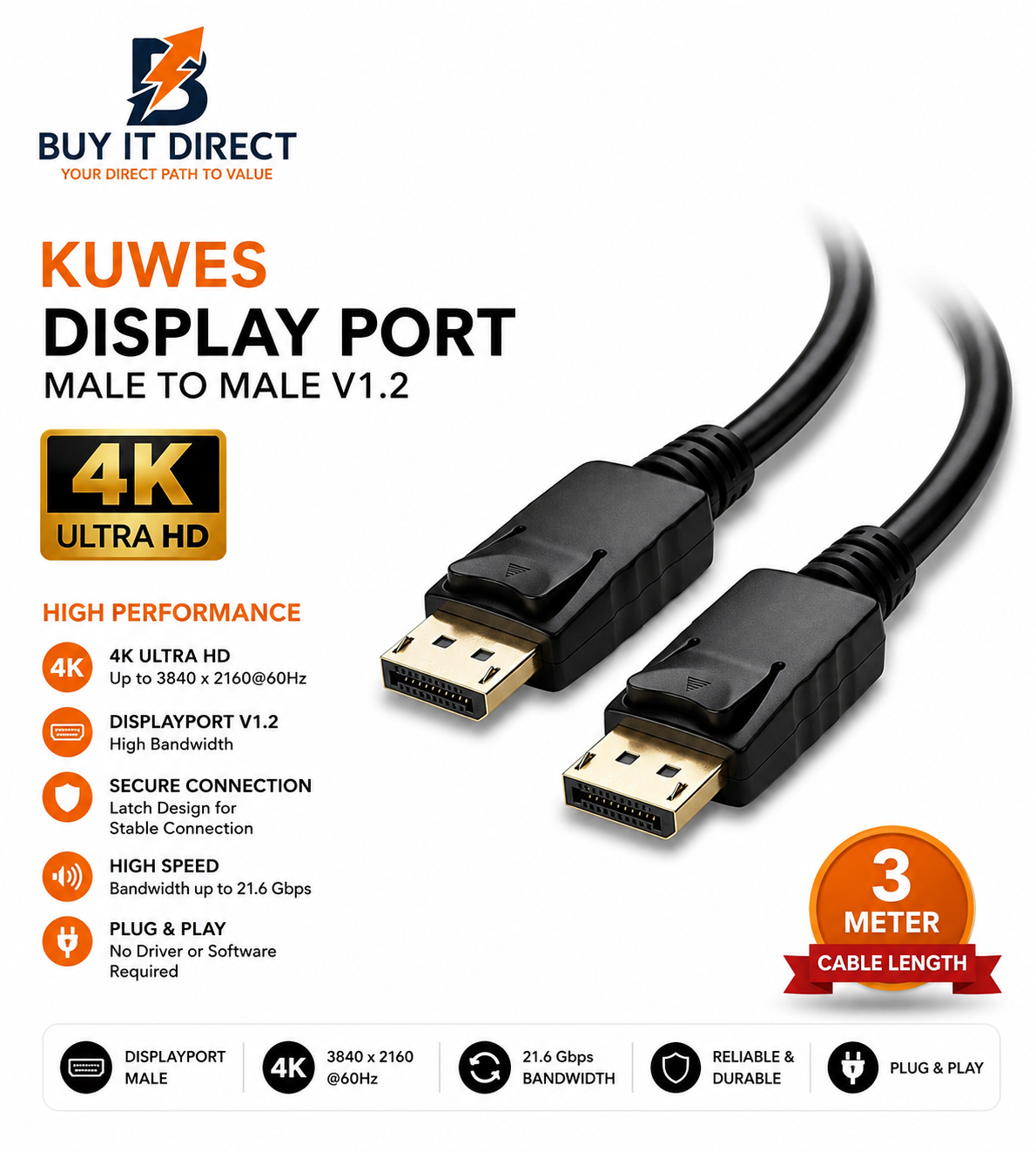 KUWES DisplayPort Male to Male V1.2 4K Cable 3 Meter