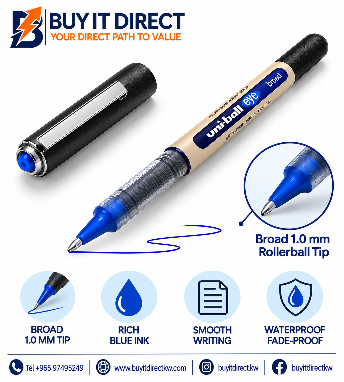 قلم uni-ball Eye Rollerball عريض 1.0 مم أزرق