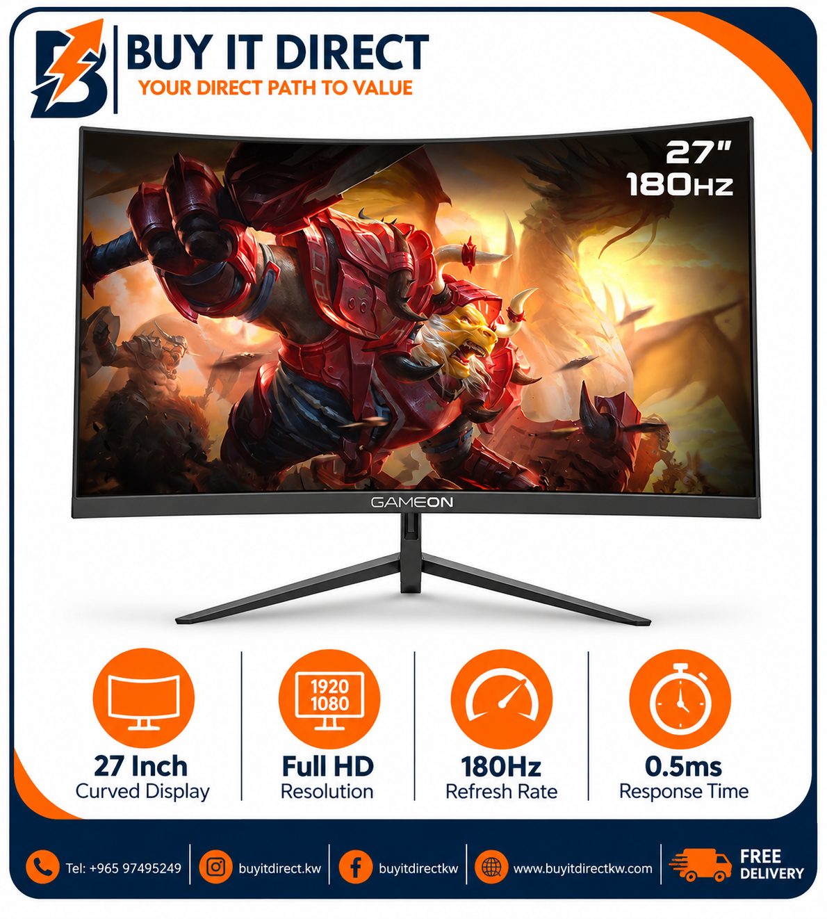 شاشة ألعاب GameOn GOC27F180VA منحنية 27 بوصة بدقة FHD – 180Hz، 0.5ms، VA، HDMI 2.1، سماعة