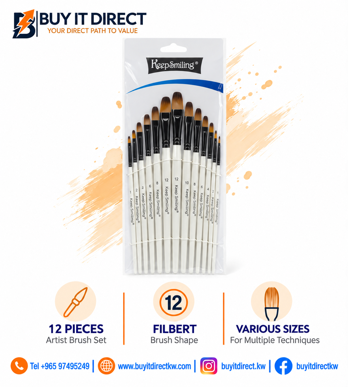 Keep Smiling Artist Brush Set - 12 Pieces, Filbert