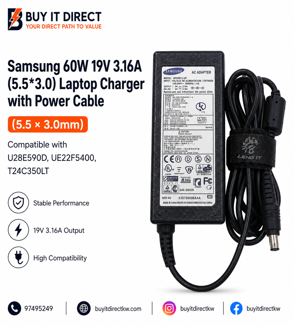 Samsung 60W 19V 3.16A 5.5x3.0 Laptop Charger With Power Cable