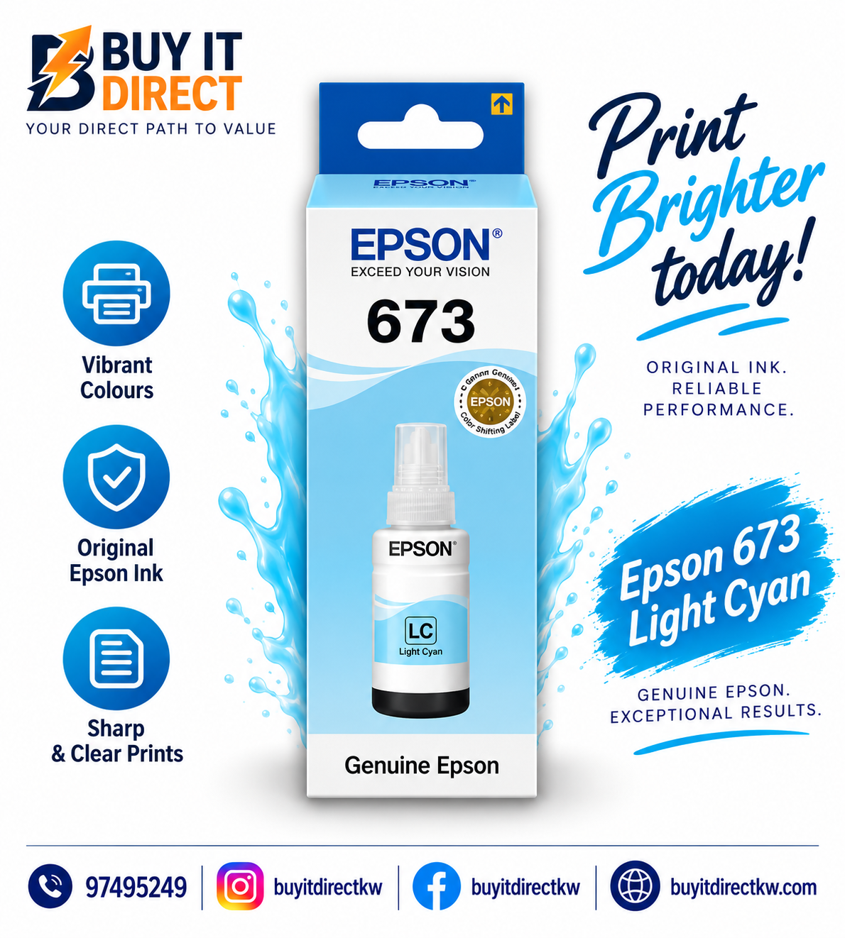 Epson T673 Light Cyan Original Ink Bottle – C13T67354A