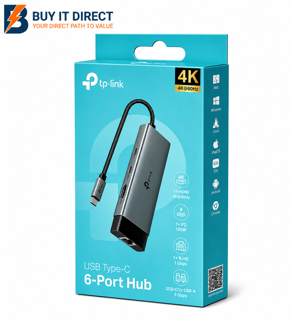 موزع TP-Link UH6120C بمنفذ USB-C و6 منافذ (يدعم HDMI بدقة 4K ومعدل تحديث 60 هرتز)
