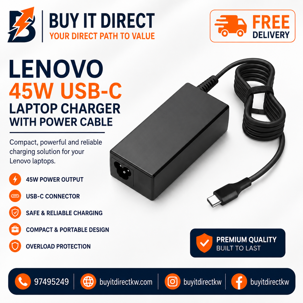 شاحن لابتوب Lenovo بقوة 45 واط USB-C Type-C مع كابل طاقة