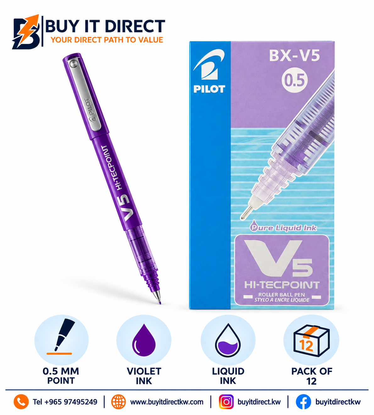 Pilot Hi-Tecpoint BX-V5 0.5 mm Rollerball Pen Violet - Pack of 12