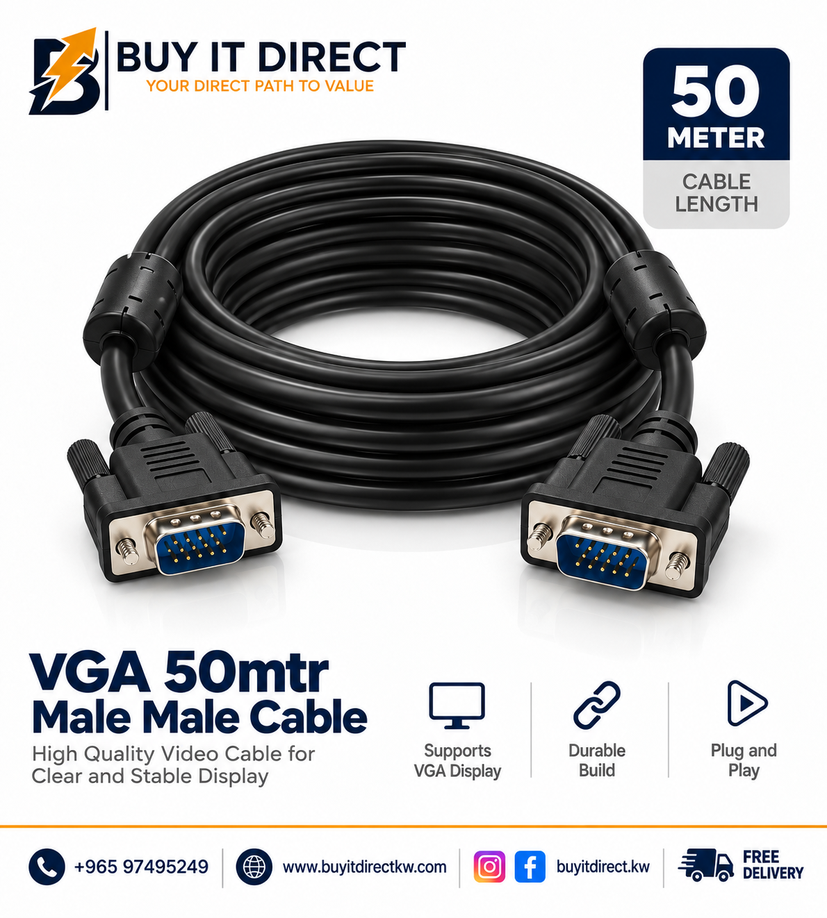 VGA 50mtr Male Male Cable