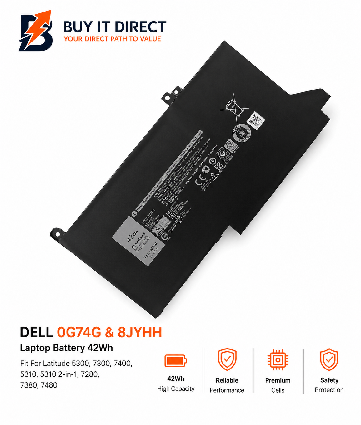 DELL 0G74G 8JYHH Laptop Battery 42Wh Fits Latitude 5300 7300 7400 5310 5310 2 in 1 7280 7380 7480