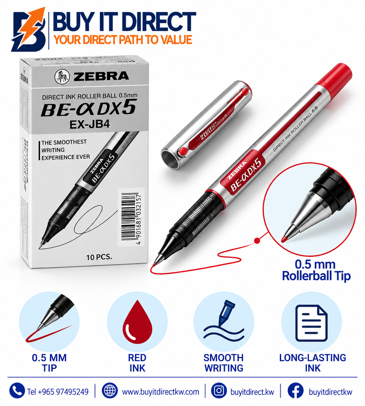 أقلام Zebra Liquid Ink Roller EX-JB4 حمراء 0.5 مم - عبوة 10 أقلام