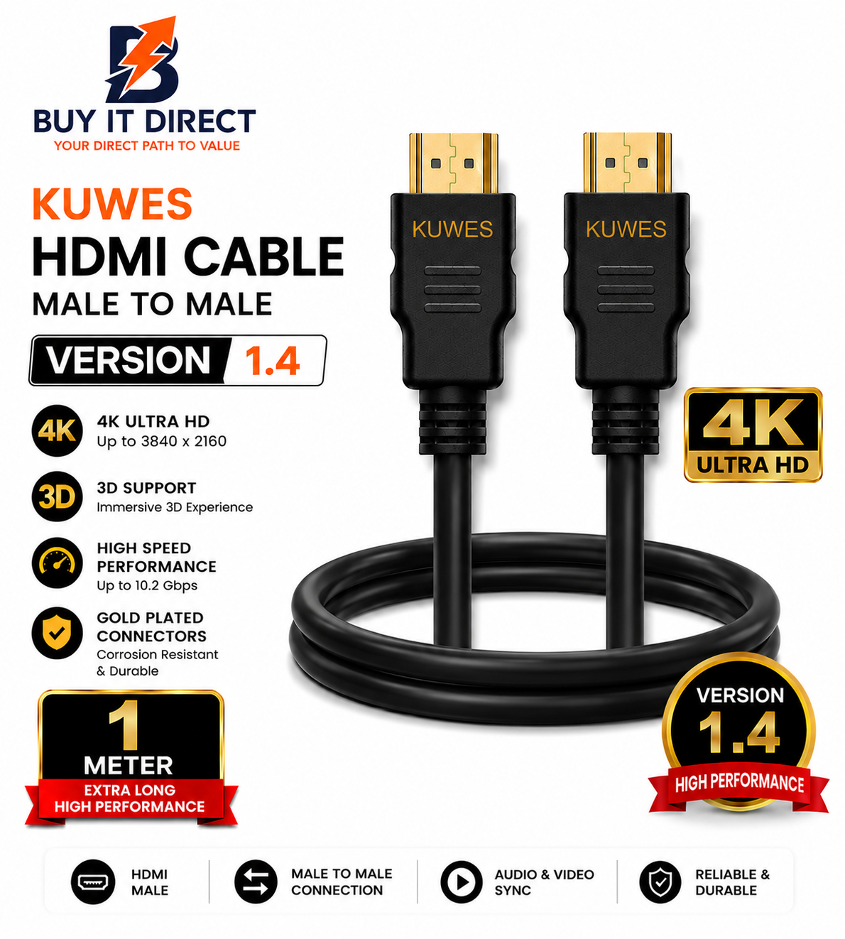 KUWES HDMI Cable 4K Version 1.4 1 Meter
