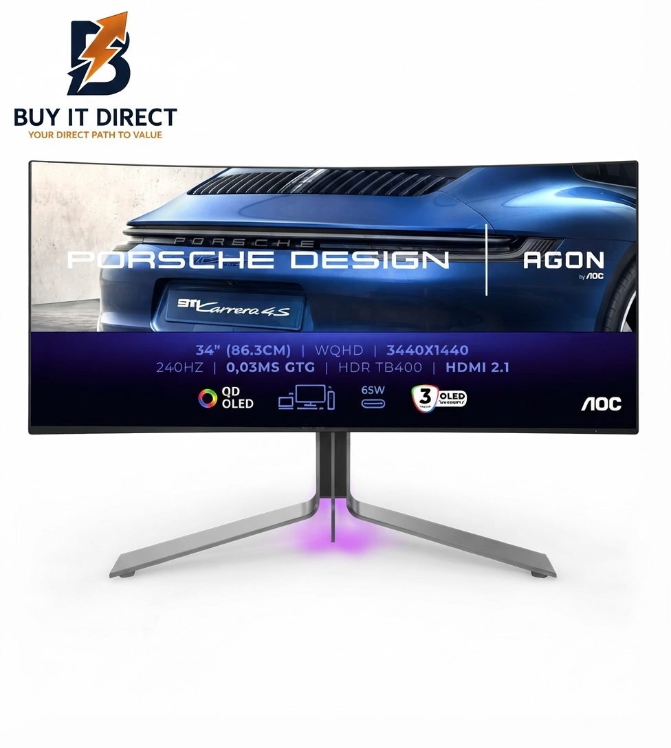 Aoc Pd34 Porsche Design 34 Inch 240Hz Wqhd Hdmi 2.1 0.03Ms Qd Oled Curved Gaming Monitor Black