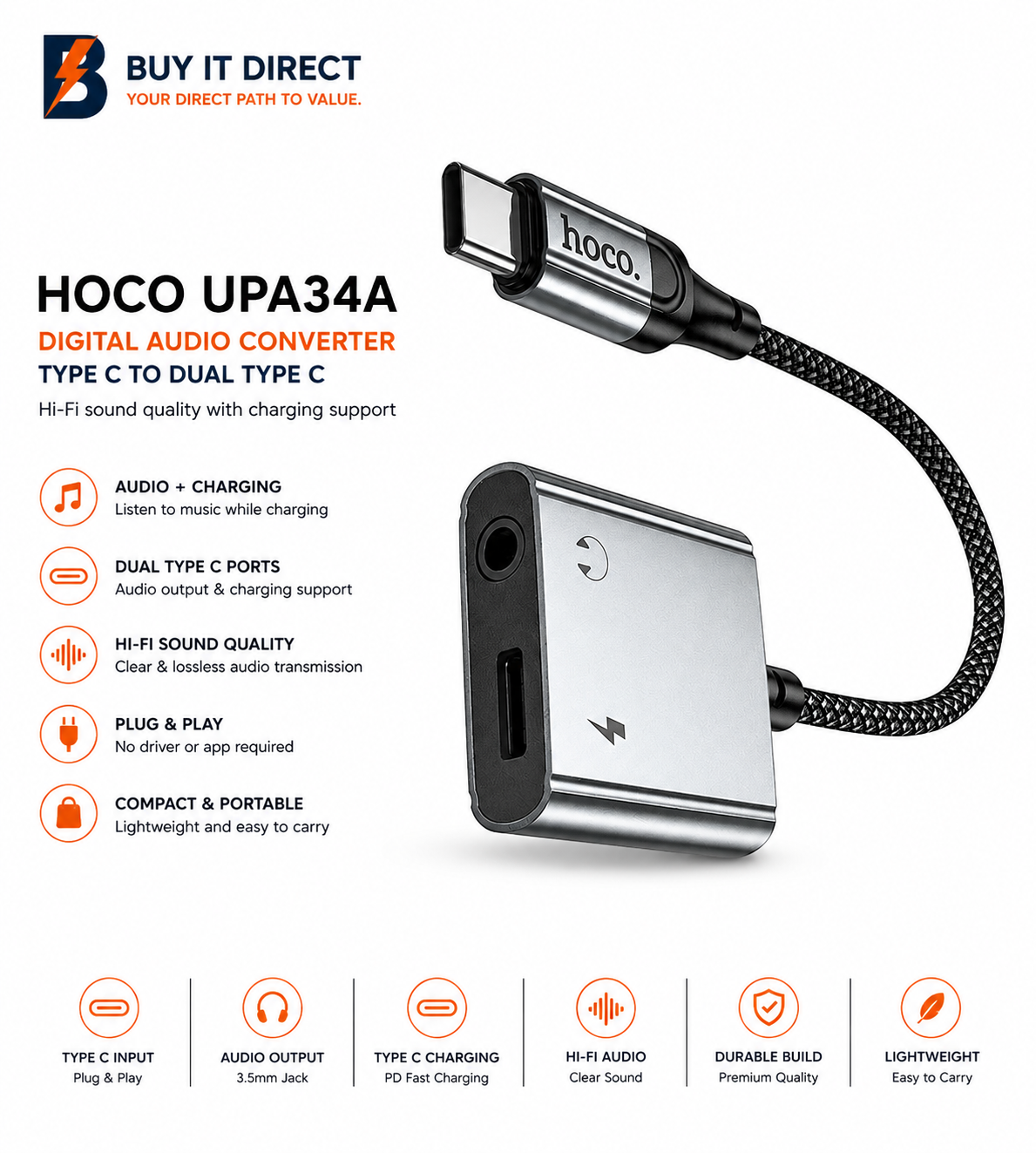 محول صوت رقمي Hoco UPA34A من Type C إلى منفذي Type C