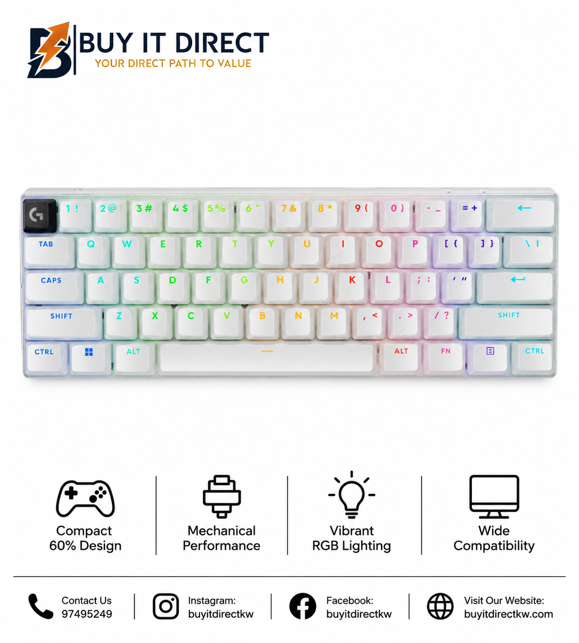 لوحة مفاتيح الألعاب Logitech G PRO X 60 LIGHTSPEED اللاسلكية بمفاتيح Tactile باللون الأبيض