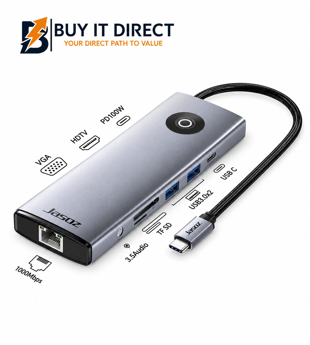 Jasoz H113 Type C 10 In 1 Docking Station HDMI VGA USB 3.0 USB C RJ45 SD TF Space Gray