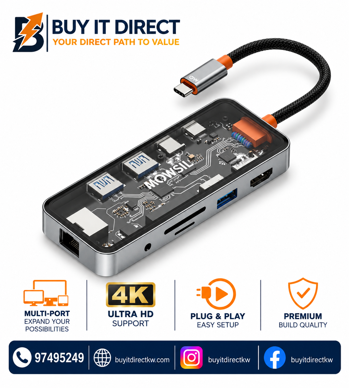 محطة إرساء MOWSIL USB-C متعددة المنافذ 10 في 1 مع توصيل طاقة 100 واط وHDMI بدقة 4K وRJ45 وUSB وSD وTF والصوت – شفافة